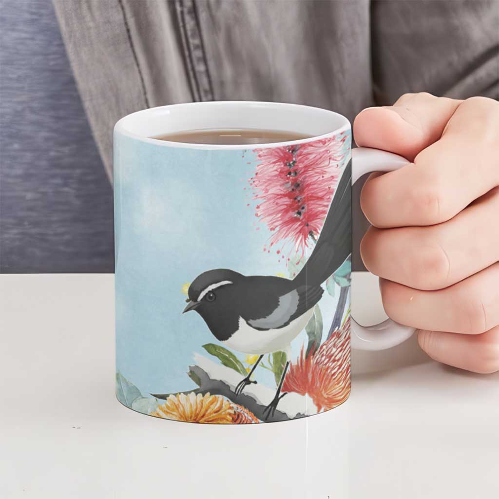 Willie wagtail Australia Ceramic Mug Banksia Bottlebrushes Watercolor Stylized - Aussie Hoodie