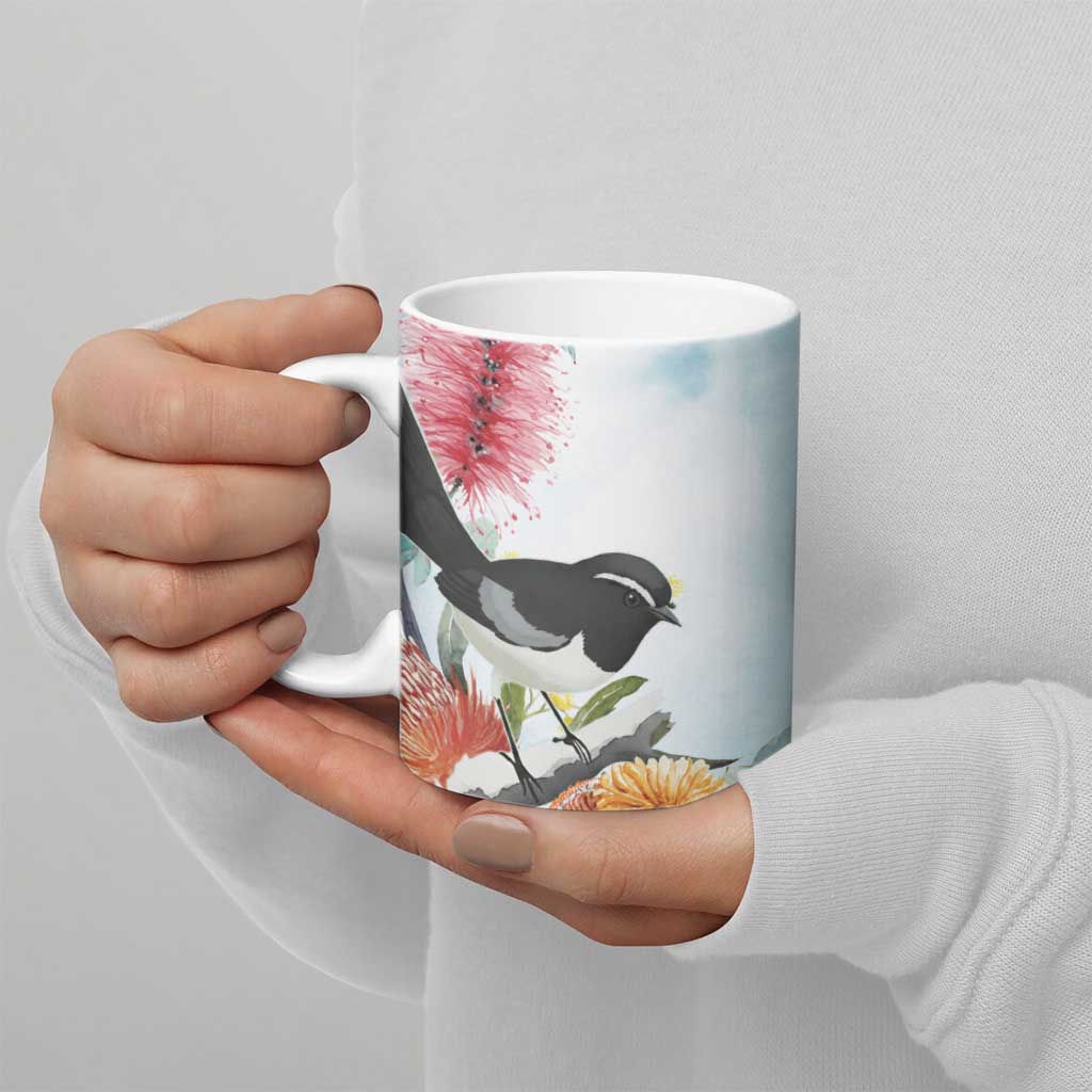 Willie wagtail Australia Ceramic Mug Banksia Bottlebrushes Watercolor Stylized - Aussie Hoodie