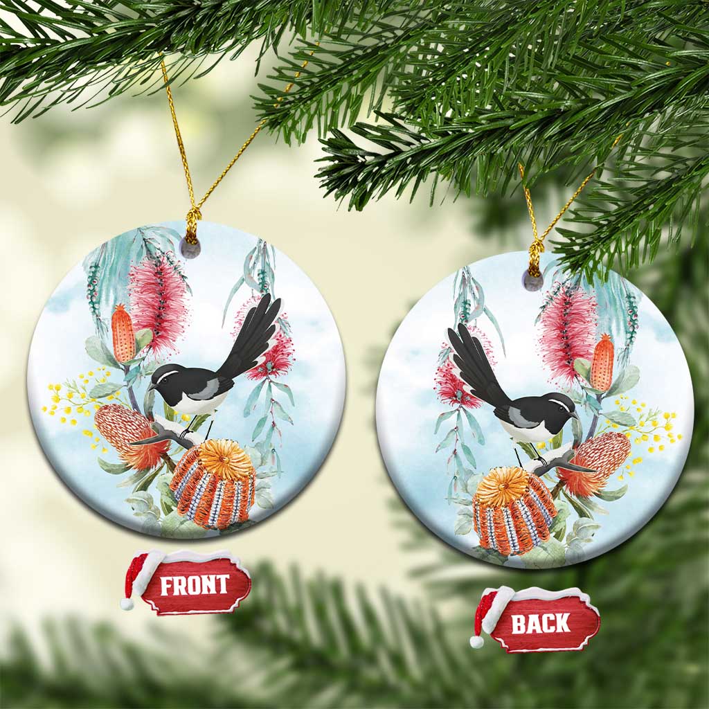 Willie wagtail Australia Ceramic Ornament Banksia Bottlebrushes Watercolor Stylized - Aussie Hoodie