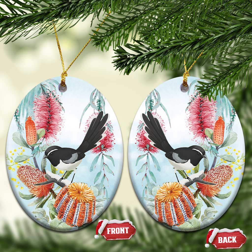 Willie wagtail Australia Ceramic Ornament Banksia Bottlebrushes Watercolor Stylized - Aussie Hoodie
