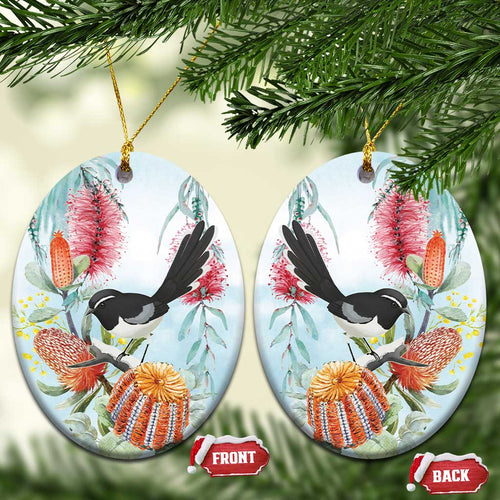 Willie wagtail Australia Ceramic Ornament Banksia Bottlebrushes Watercolor Stylized - Aussie Hoodie