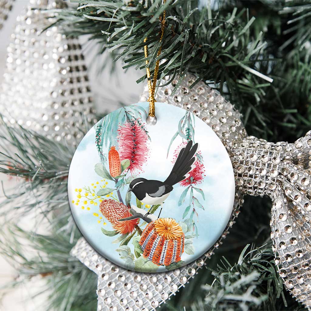 Willie wagtail Australia Ceramic Ornament Banksia Bottlebrushes Watercolor Stylized - Aussie Hoodie