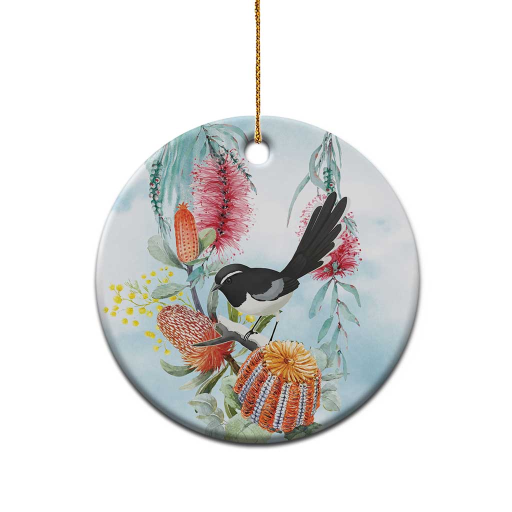 Willie wagtail Australia Ceramic Ornament Banksia Bottlebrushes Watercolor Stylized - Aussie Hoodie