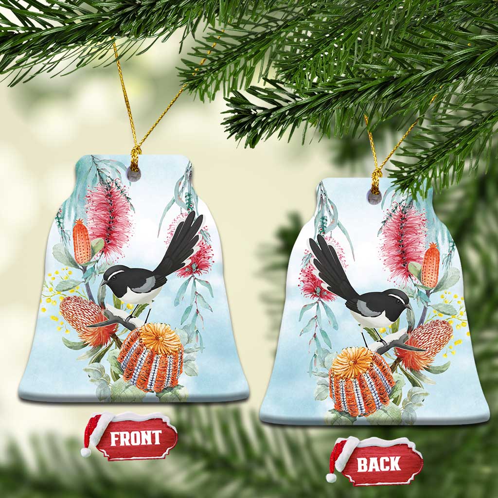 Willie wagtail Australia Ceramic Ornament Banksia Bottlebrushes Watercolor Stylized - Aussie Hoodie