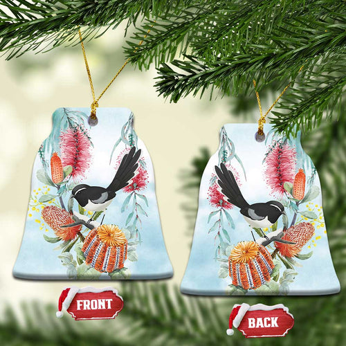 Willie wagtail Australia Ceramic Ornament Banksia Bottlebrushes Watercolor Stylized - Aussie Hoodie
