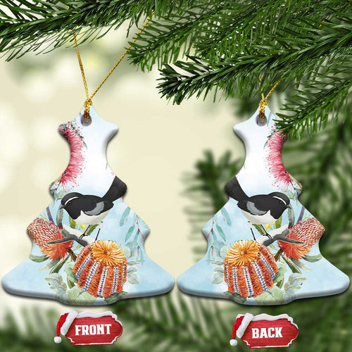 Willie wagtail Australia Ceramic Ornament Banksia Bottlebrushes Watercolor Stylized - Aussie Hoodie