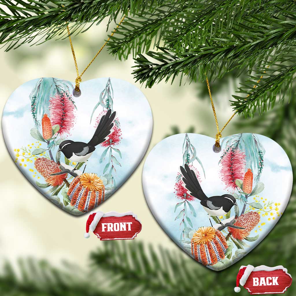 Willie wagtail Australia Ceramic Ornament Banksia Bottlebrushes Watercolor Stylized - Aussie Hoodie