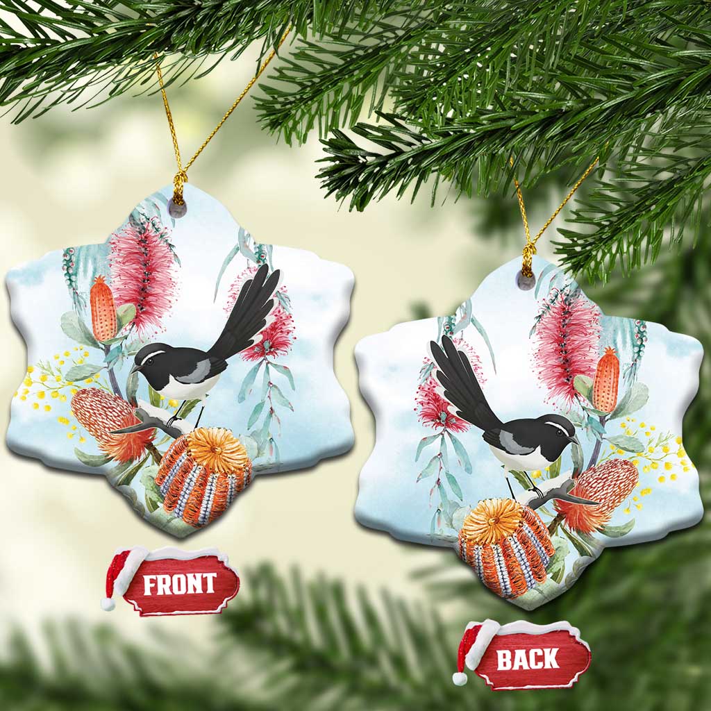 Willie wagtail Australia Ceramic Ornament Banksia Bottlebrushes Watercolor Stylized - Aussie Hoodie