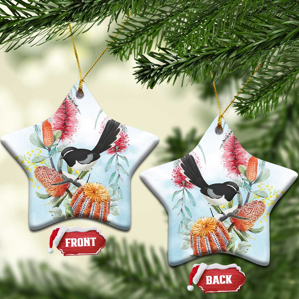 Willie wagtail Australia Ceramic Ornament Banksia Bottlebrushes Watercolor Stylized - Aussie Hoodie