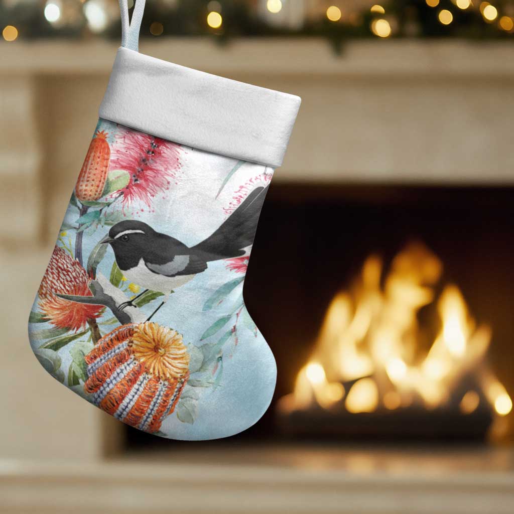 Willie wagtail Australia Christmas Stocking Banksia Bottlebrushes Watercolor Stylized - Aussie Hoodie