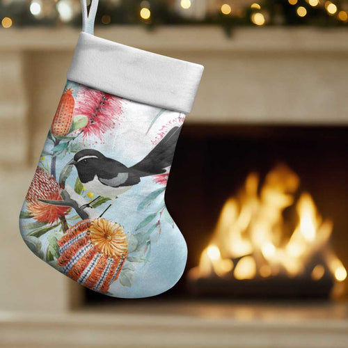 Willie wagtail Australia Christmas Stocking Banksia Bottlebrushes Watercolor Stylized - Aussie Hoodie