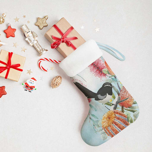 Willie wagtail Australia Christmas Stocking Banksia Bottlebrushes Watercolor Stylized - Aussie Hoodie