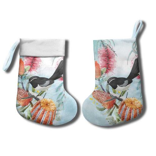 Willie wagtail Australia Christmas Stocking Banksia Bottlebrushes Watercolor Stylized - Aussie Hoodie