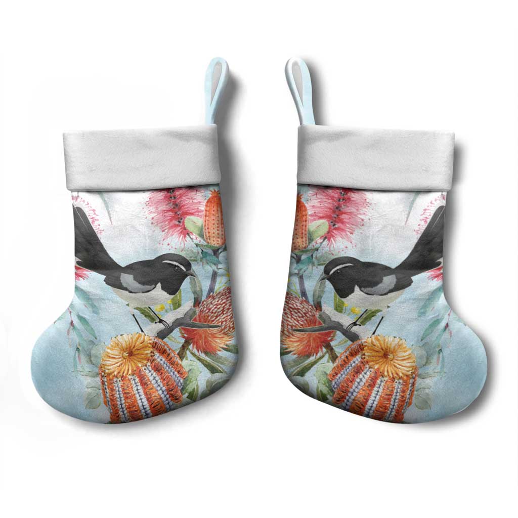 Willie wagtail Australia Christmas Stocking Banksia Bottlebrushes Watercolor Stylized - Aussie Hoodie