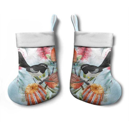 Willie wagtail Australia Christmas Stocking Banksia Bottlebrushes Watercolor Stylized - Aussie Hoodie