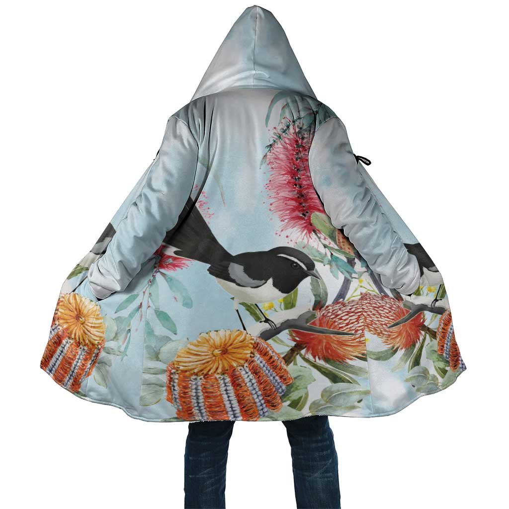 Willie wagtail Australia Cloak Banksia Bottlebrushes Watercolor Stylized - Aussie Hoodie