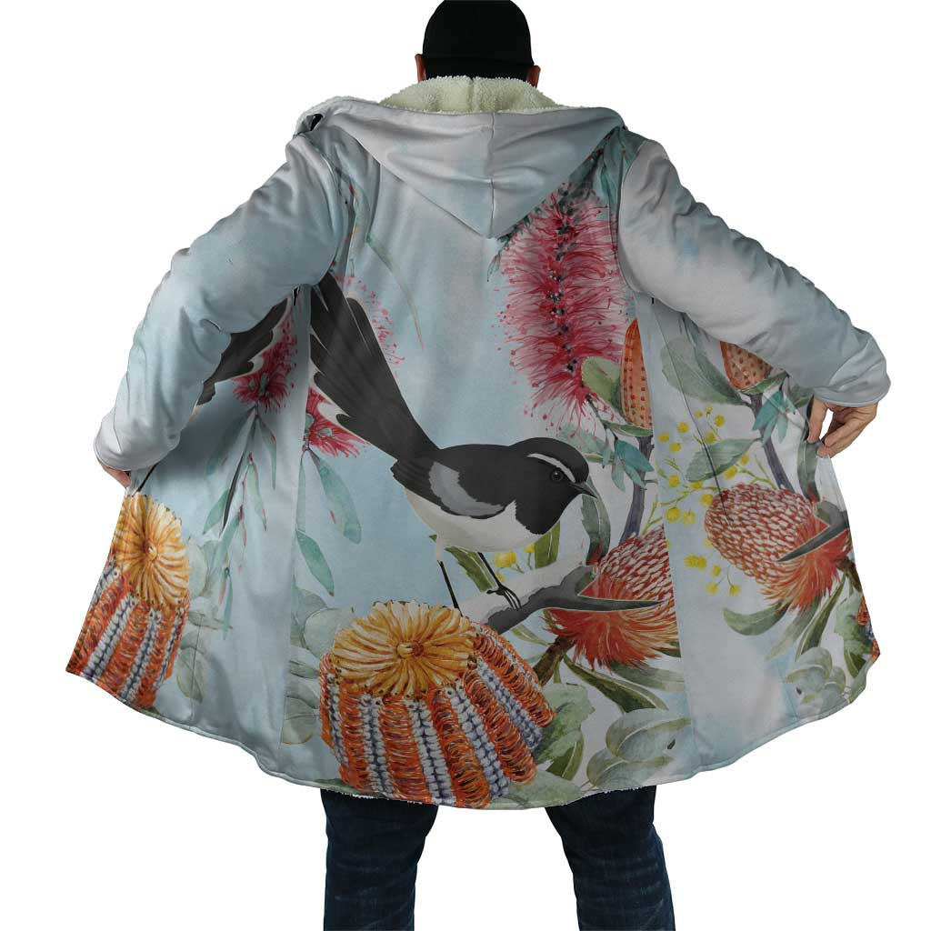 Willie wagtail Australia Cloak Banksia Bottlebrushes Watercolor Stylized - Aussie Hoodie