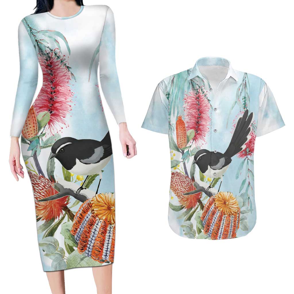 Willie wagtail Australia Couples Matching Long Sleeve Bodycon Dress and Hawaiian Shirt Banksia Bottlebrushes Watercolor Stylized - Aussie Hoodie