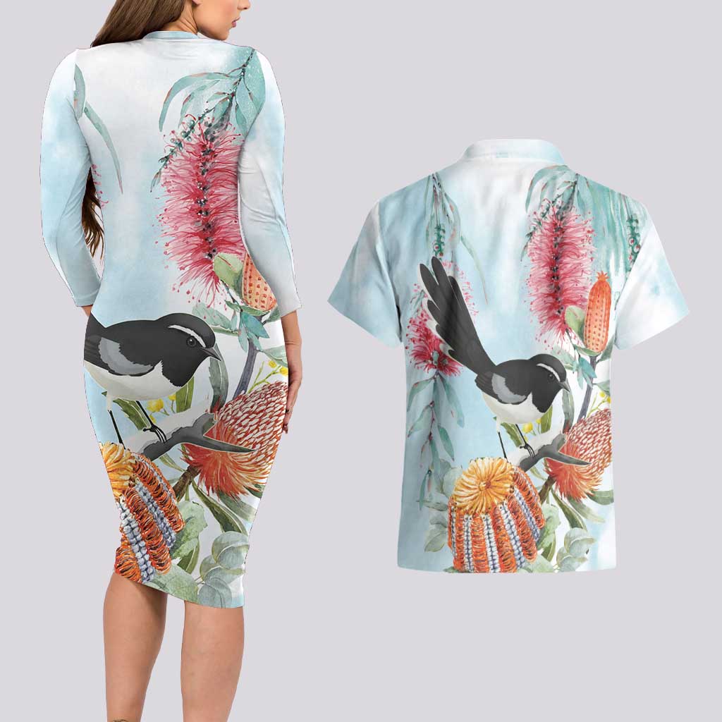 Willie wagtail Australia Couples Matching Long Sleeve Bodycon Dress and Hawaiian Shirt Banksia Bottlebrushes Watercolor Stylized - Aussie Hoodie