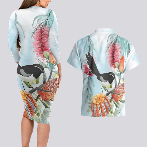 Willie wagtail Australia Couples Matching Long Sleeve Bodycon Dress and Hawaiian Shirt Banksia Bottlebrushes Watercolor Stylized - Aussie Hoodie