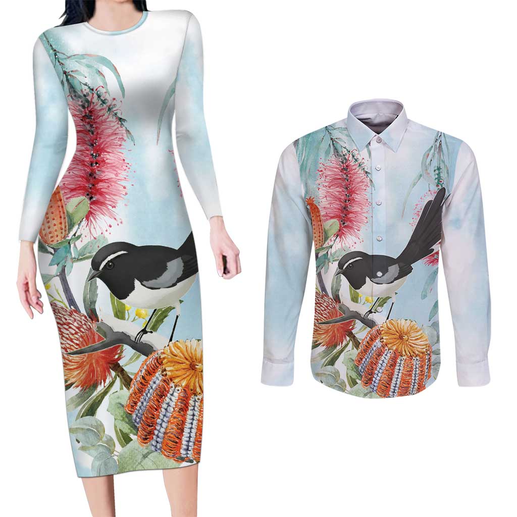 Willie wagtail Australia Couples Matching Long Sleeve Bodycon Dress and Long Sleeve Button Shirt Banksia Bottlebrushes Watercolor Stylized - Aussie Hoodie