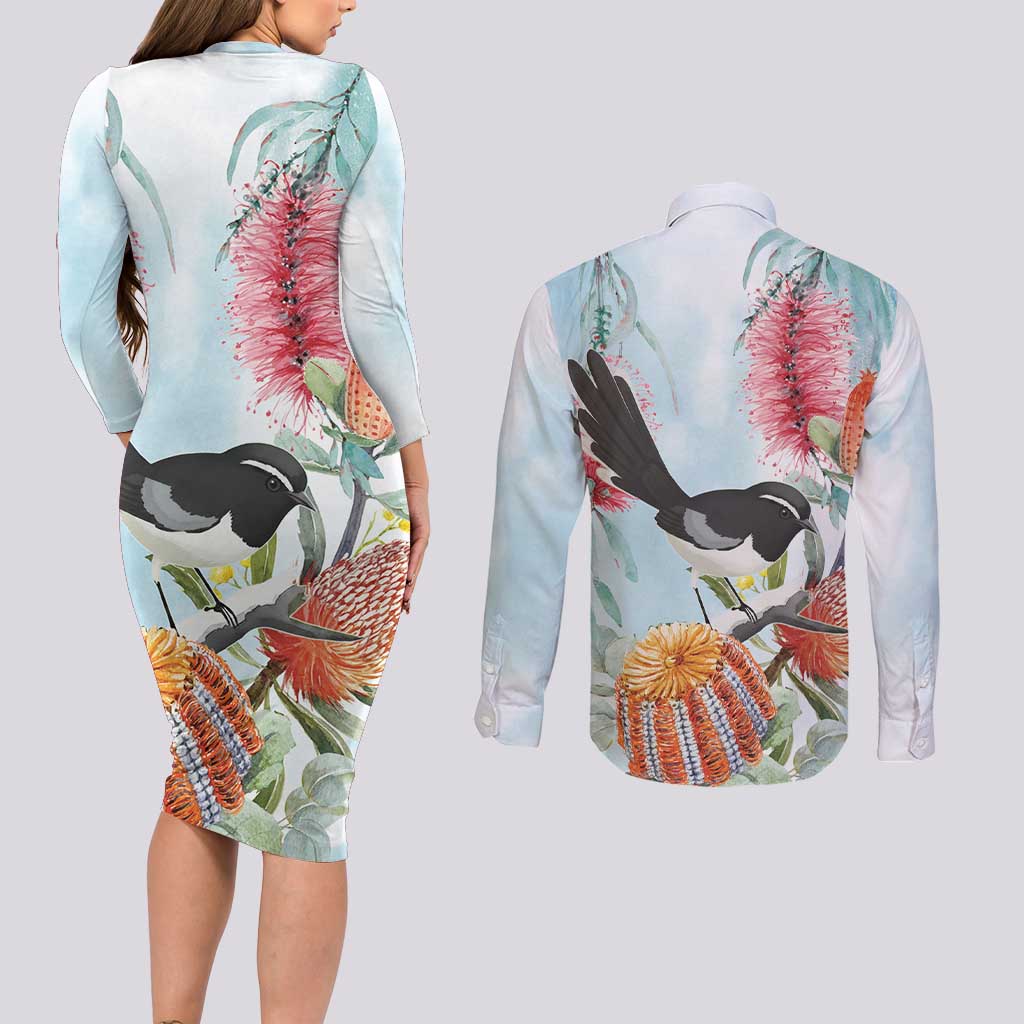 Willie wagtail Australia Couples Matching Long Sleeve Bodycon Dress and Long Sleeve Button Shirt Banksia Bottlebrushes Watercolor Stylized - Aussie Hoodie