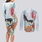 Willie wagtail Australia Couples Matching Long Sleeve Bodycon Dress and Long Sleeve Button Shirt Banksia Bottlebrushes Watercolor Stylized - Aussie Hoodie