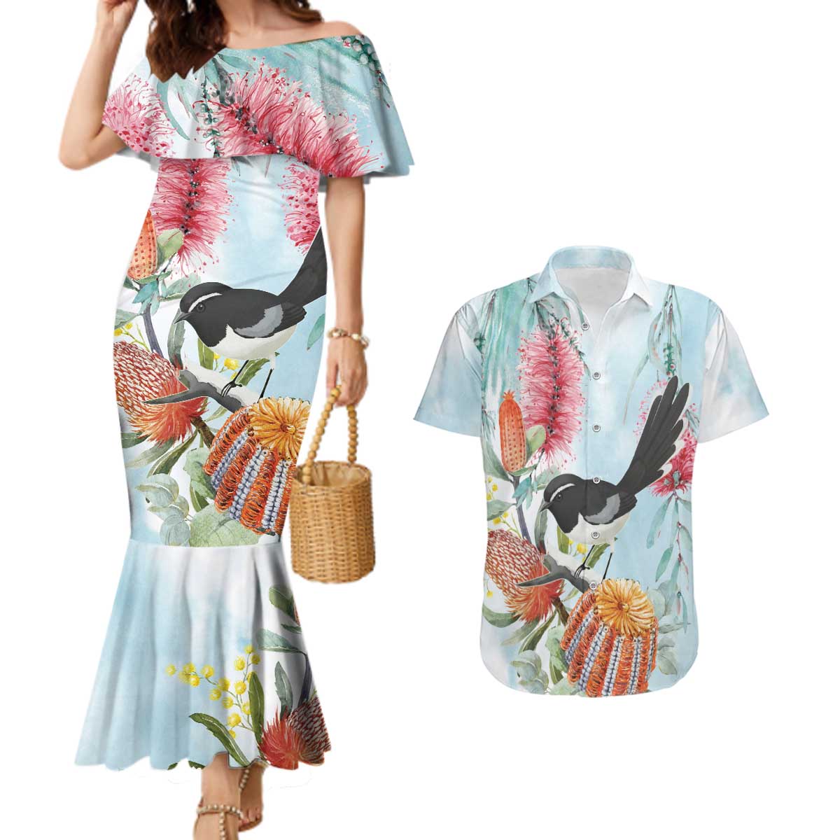 Willie wagtail Australia Couples Matching Mermaid Dress and Hawaiian Shirt Banksia Bottlebrushes Watercolor Stylized - Aussie Hoodie
