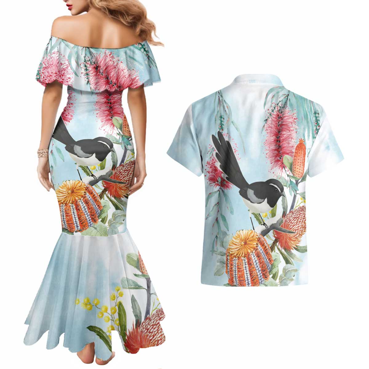Willie wagtail Australia Couples Matching Mermaid Dress and Hawaiian Shirt Banksia Bottlebrushes Watercolor Stylized - Aussie Hoodie