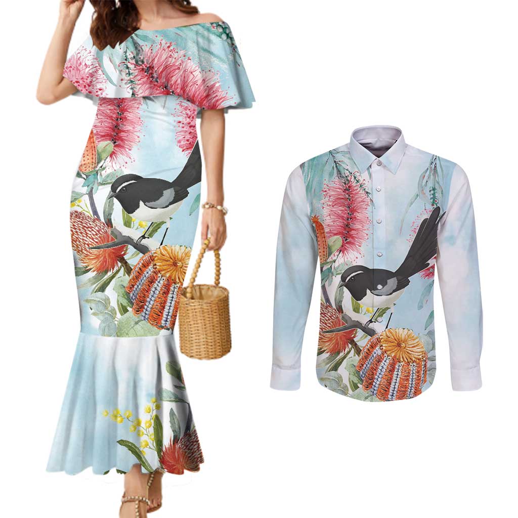 Willie wagtail Australia Couples Matching Mermaid Dress and Long Sleeve Button Shirt Banksia Bottlebrushes Watercolor Stylized - Aussie Hoodie