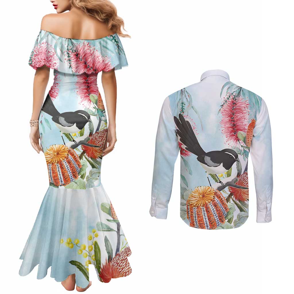 Willie wagtail Australia Couples Matching Mermaid Dress and Long Sleeve Button Shirt Banksia Bottlebrushes Watercolor Stylized - Aussie Hoodie