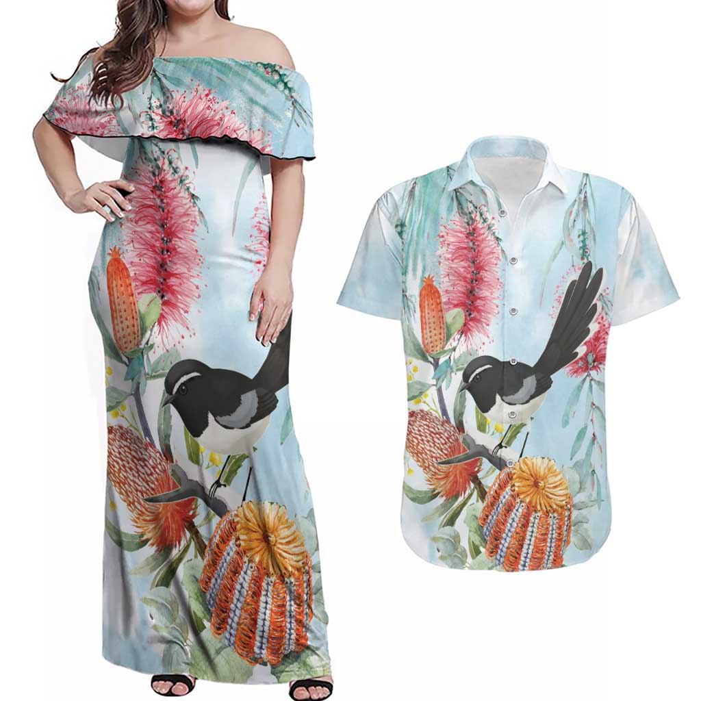 Willie wagtail Australia Couples Matching Off Shoulder Maxi Dress and Hawaiian Shirt Banksia Bottlebrushes Watercolor Stylized - Aussie Hoodie
