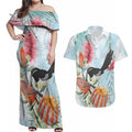 Willie wagtail Australia Couples Matching Off Shoulder Maxi Dress and Hawaiian Shirt Banksia Bottlebrushes Watercolor Stylized - Aussie Hoodie