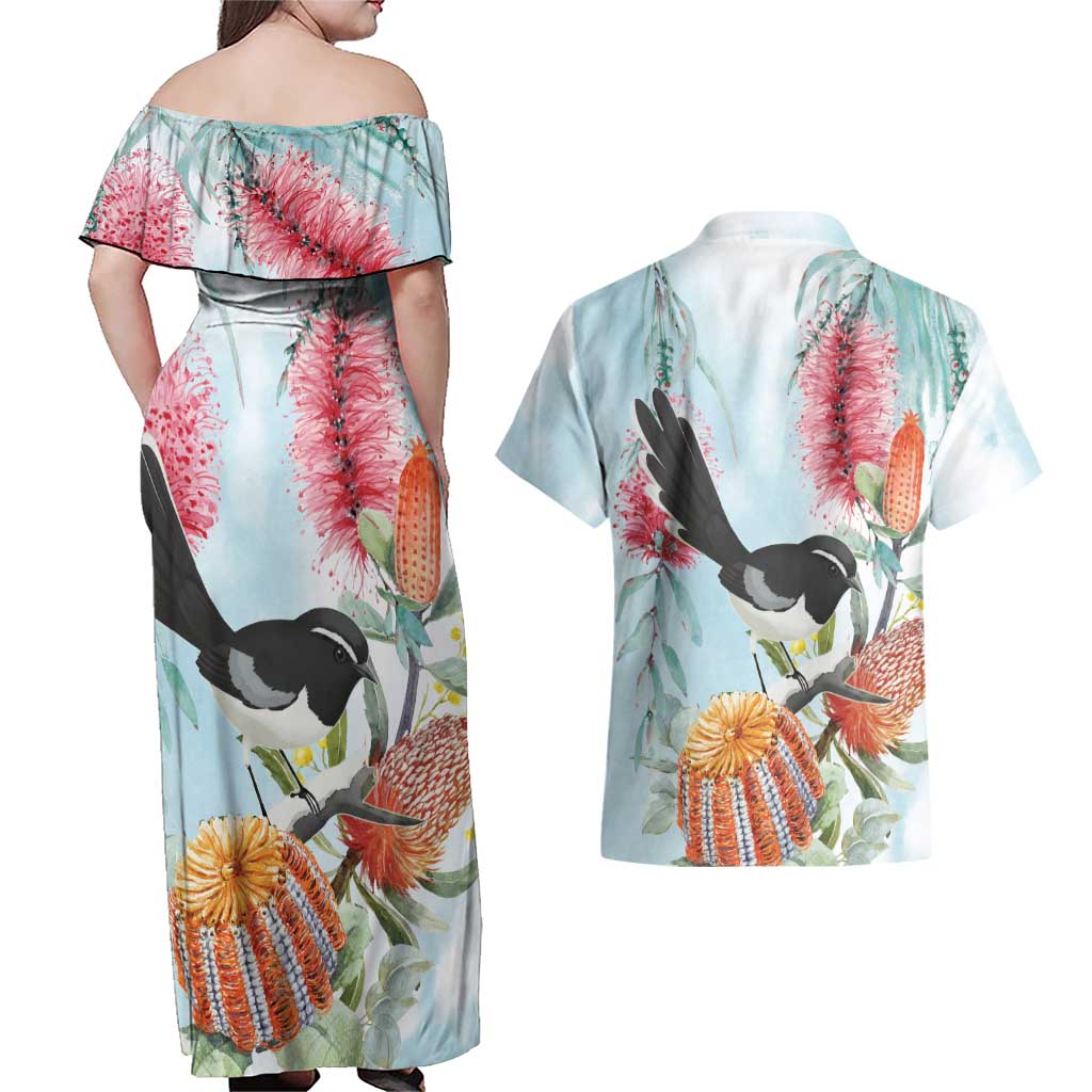 Willie wagtail Australia Couples Matching Off Shoulder Maxi Dress and Hawaiian Shirt Banksia Bottlebrushes Watercolor Stylized - Aussie Hoodie