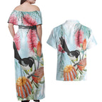 Willie wagtail Australia Couples Matching Off Shoulder Maxi Dress and Hawaiian Shirt Banksia Bottlebrushes Watercolor Stylized - Aussie Hoodie