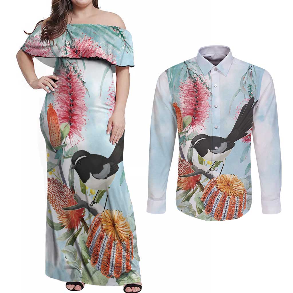 Willie wagtail Australia Couples Matching Off Shoulder Maxi Dress and Long Sleeve Button Shirt Banksia Bottlebrushes Watercolor Stylized - Aussie Hoodie