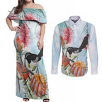 Willie wagtail Australia Couples Matching Off Shoulder Maxi Dress and Long Sleeve Button Shirt Banksia Bottlebrushes Watercolor Stylized - Aussie Hoodie