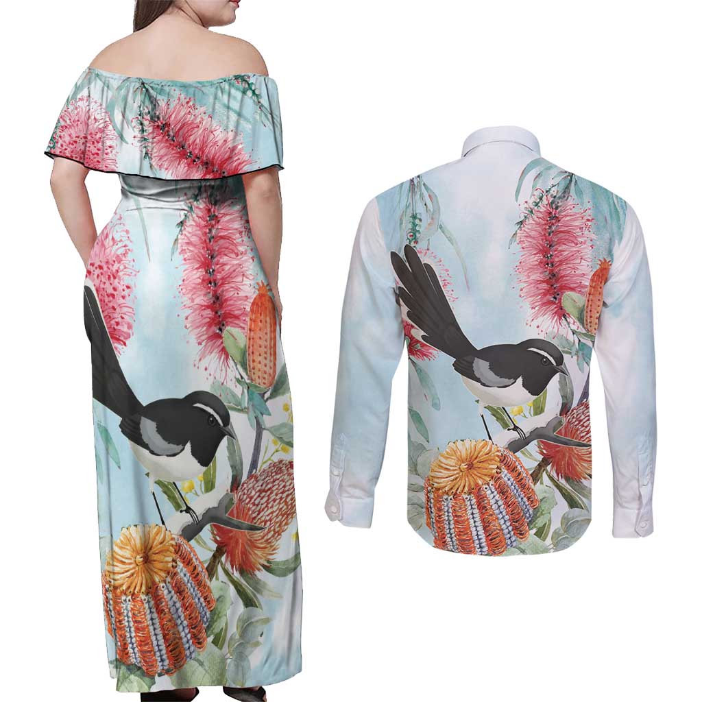 Willie wagtail Australia Couples Matching Off Shoulder Maxi Dress and Long Sleeve Button Shirt Banksia Bottlebrushes Watercolor Stylized - Aussie Hoodie