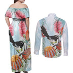 Willie wagtail Australia Couples Matching Off Shoulder Maxi Dress and Long Sleeve Button Shirt Banksia Bottlebrushes Watercolor Stylized - Aussie Hoodie