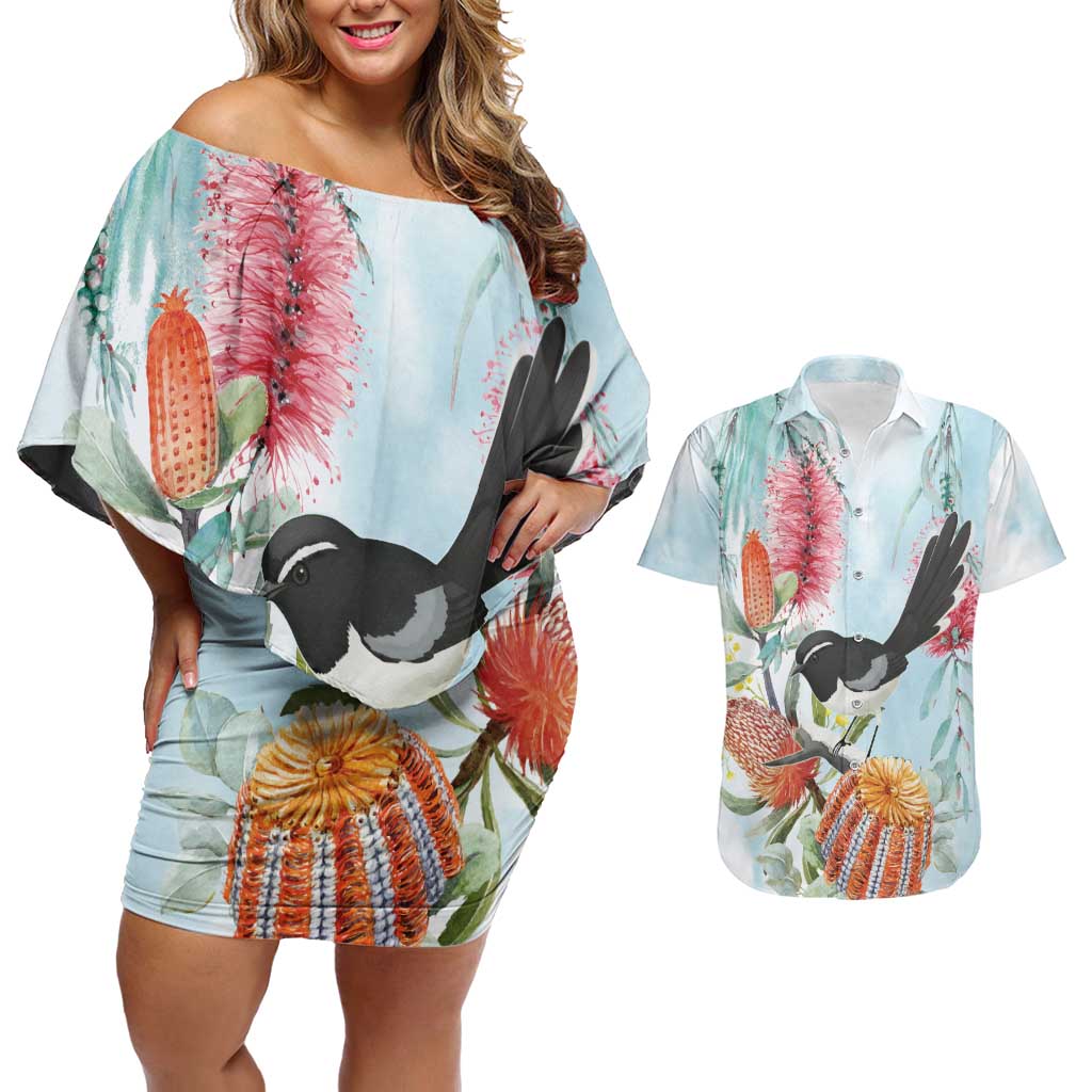 Willie wagtail Australia Couples Matching Off Shoulder Short Dress and Hawaiian Shirt Banksia Bottlebrushes Watercolor Stylized - Aussie Hoodie
