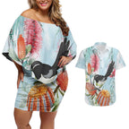 Willie wagtail Australia Couples Matching Off Shoulder Short Dress and Hawaiian Shirt Banksia Bottlebrushes Watercolor Stylized - Aussie Hoodie