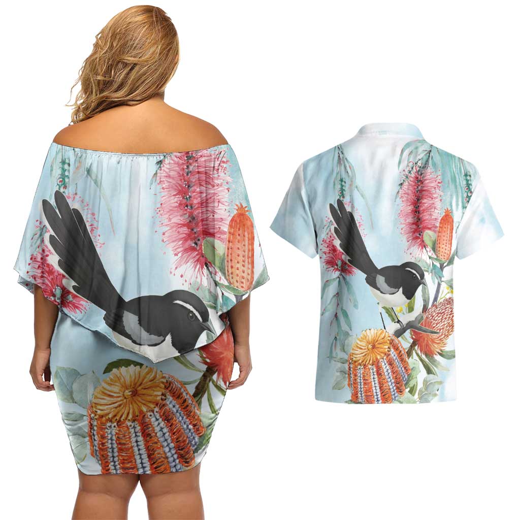 Willie wagtail Australia Couples Matching Off Shoulder Short Dress and Hawaiian Shirt Banksia Bottlebrushes Watercolor Stylized - Aussie Hoodie