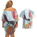 Willie wagtail Australia Couples Matching Off Shoulder Short Dress and Hawaiian Shirt Banksia Bottlebrushes Watercolor Stylized - Aussie Hoodie