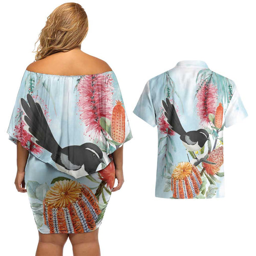 Willie wagtail Australia Couples Matching Off Shoulder Short Dress and Hawaiian Shirt Banksia Bottlebrushes Watercolor Stylized - Aussie Hoodie
