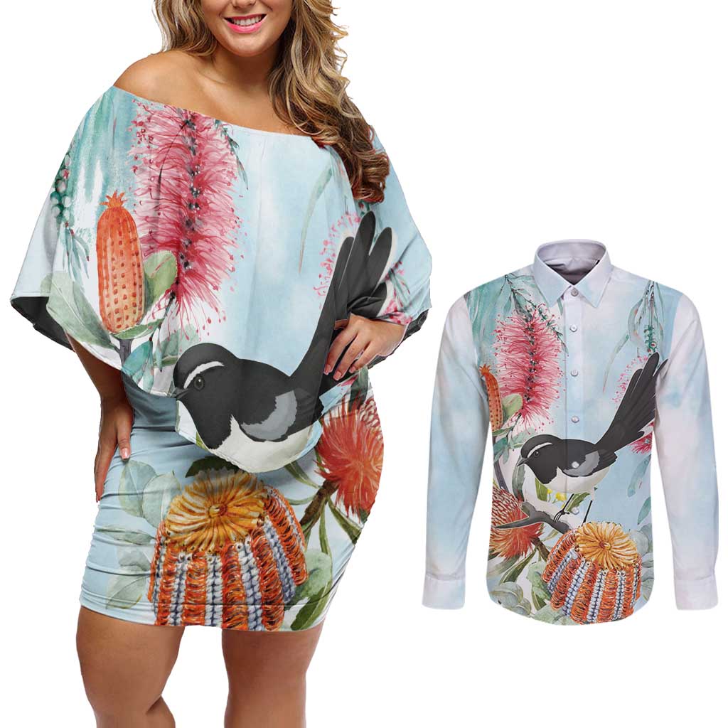 Willie wagtail Australia Couples Matching Off Shoulder Short Dress and Long Sleeve Button Shirt Banksia Bottlebrushes Watercolor Stylized - Aussie Hoodie