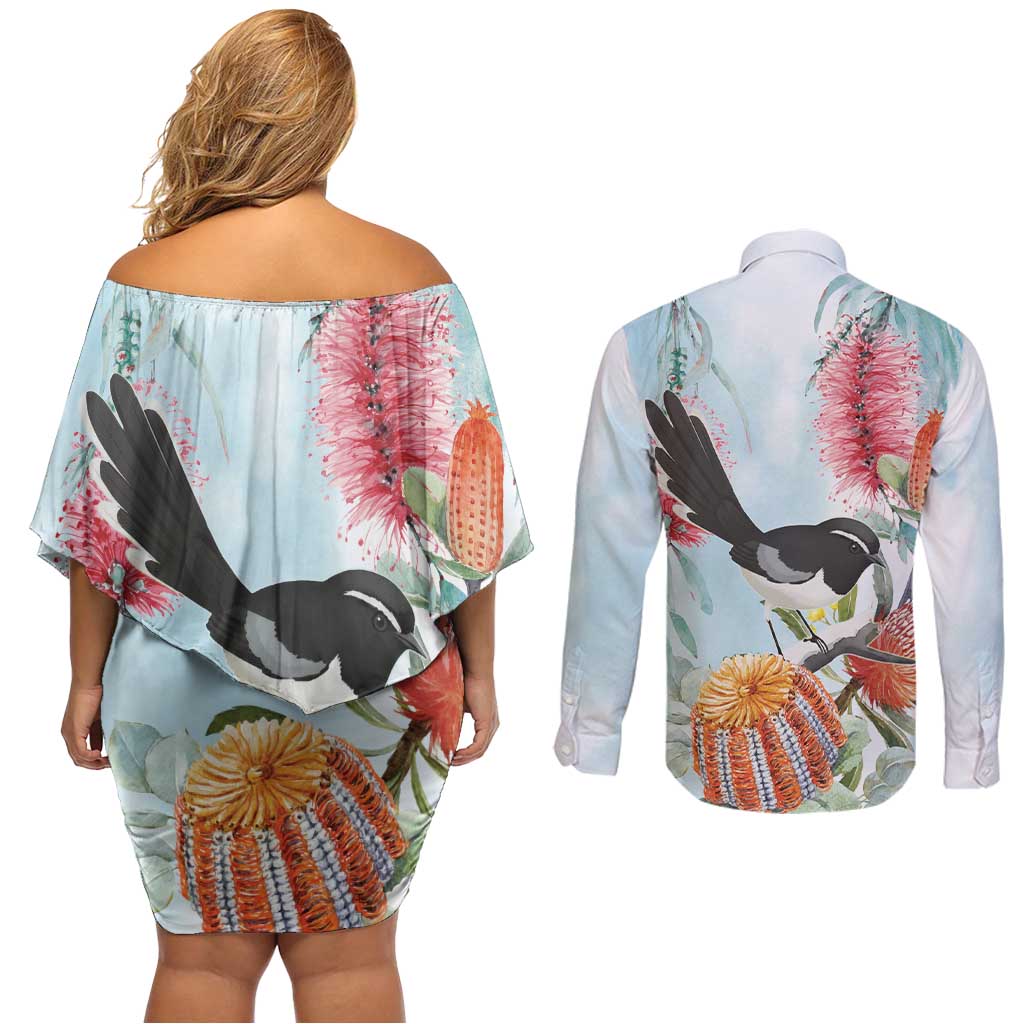 Willie wagtail Australia Couples Matching Off Shoulder Short Dress and Long Sleeve Button Shirt Banksia Bottlebrushes Watercolor Stylized - Aussie Hoodie