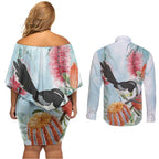 Willie wagtail Australia Couples Matching Off Shoulder Short Dress and Long Sleeve Button Shirt Banksia Bottlebrushes Watercolor Stylized - Aussie Hoodie