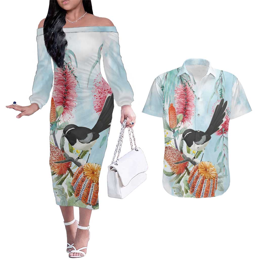 Willie wagtail Australia Couples Matching Off The Shoulder Long Sleeve Dress and Hawaiian Shirt Banksia Bottlebrushes Watercolor Stylized - Aussie Hoodie