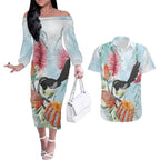 Willie wagtail Australia Couples Matching Off The Shoulder Long Sleeve Dress and Hawaiian Shirt Banksia Bottlebrushes Watercolor Stylized - Aussie Hoodie