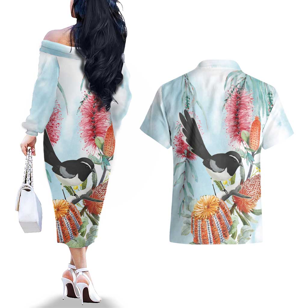 Willie wagtail Australia Couples Matching Off The Shoulder Long Sleeve Dress and Hawaiian Shirt Banksia Bottlebrushes Watercolor Stylized - Aussie Hoodie